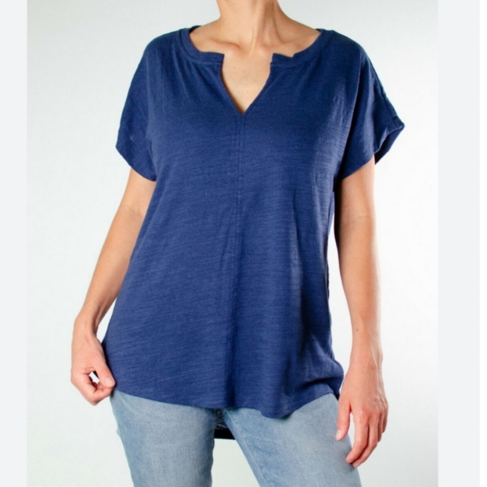 ❤️B2G1 Anthropologie Blue Split Neck Short Sleeve Hi Low Hem
